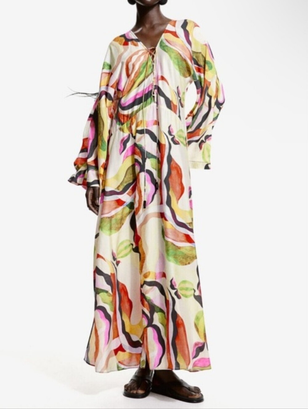 H&M Multicolor Abstract Kaftan Lace Up Front Resortwear Vacation Maxi Dress M